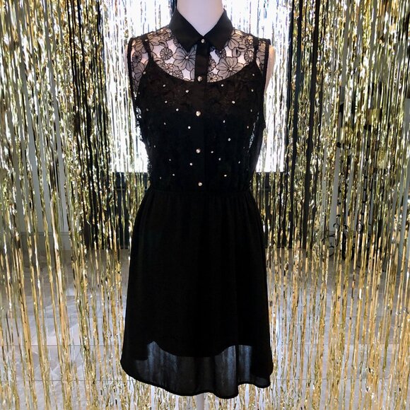 Forever 21 Dresses & Skirts - Black Dress Rhinestone Embellishment Embroidered Lace Size M Forever 21 Evening